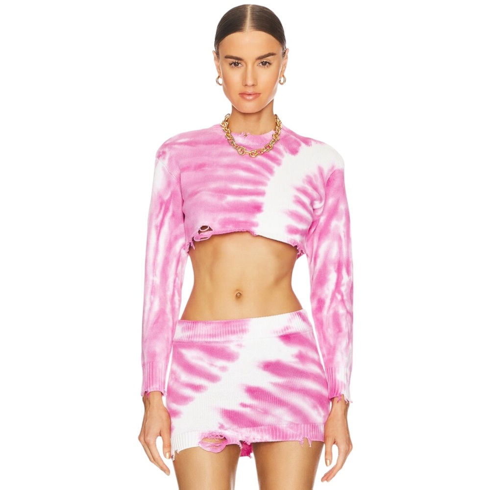 SER.O. YA Page Cropped Distressed Sweater in Pink Line Tie Dye